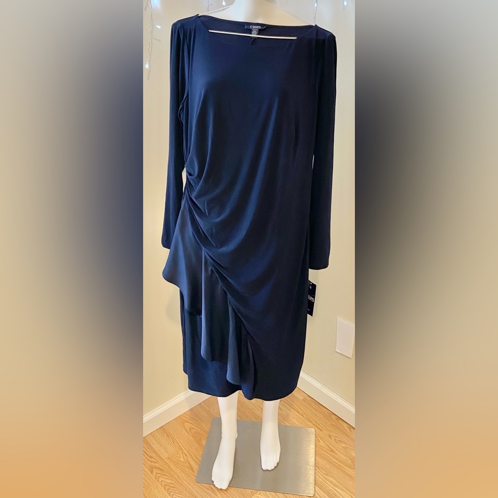 Chaps Women Navy Blue Sheath Dress w/ Front Ruffle Dress